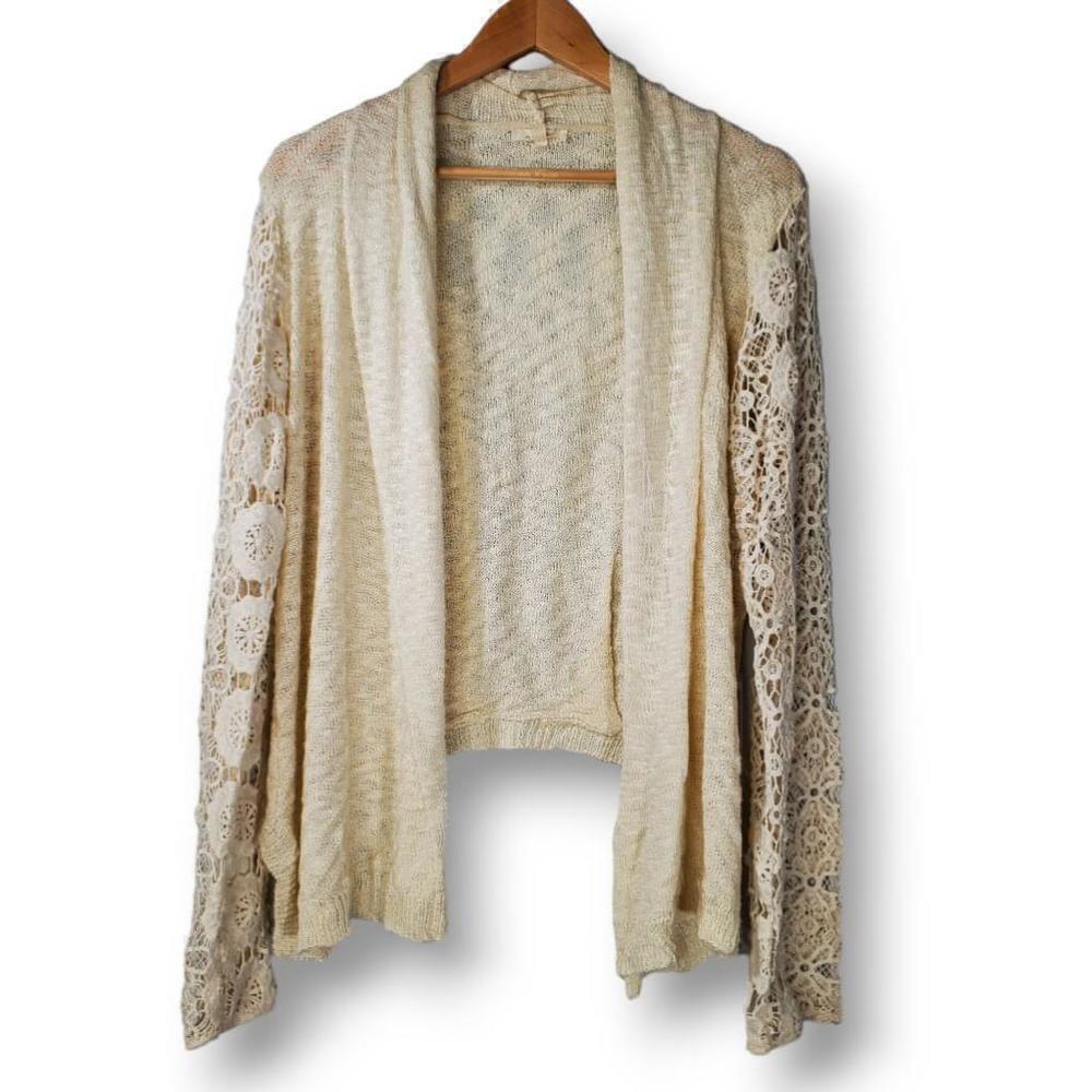 Mystree Open Front Floral Sleeve Knit Cardigan Tan Size Large